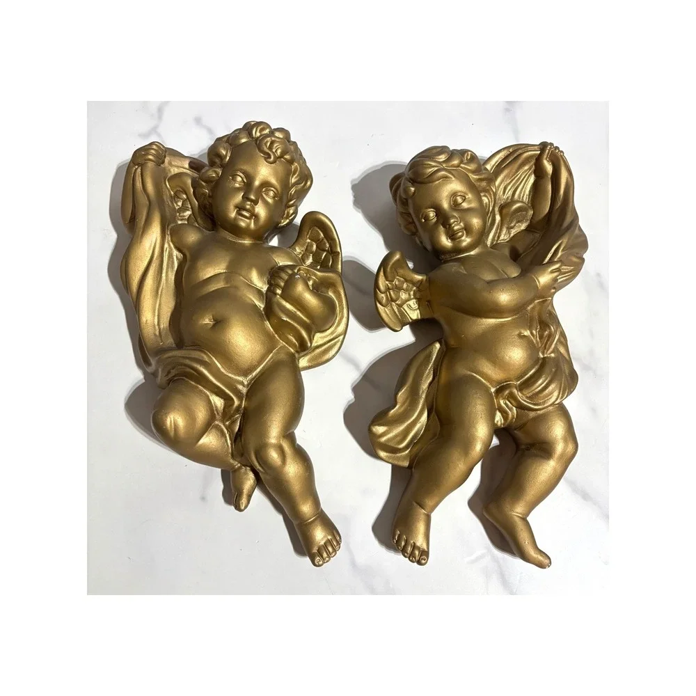 Vintage Gold Cherub Wall Decor Pair 9 Inch Angels Hanging Statues Set of 2